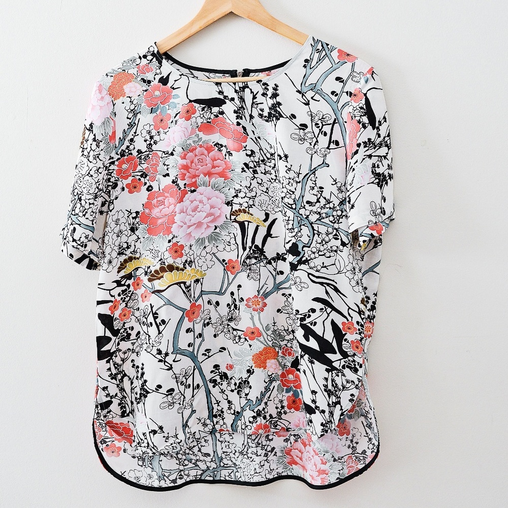 Floral Blouse with Silver Zipper High Low